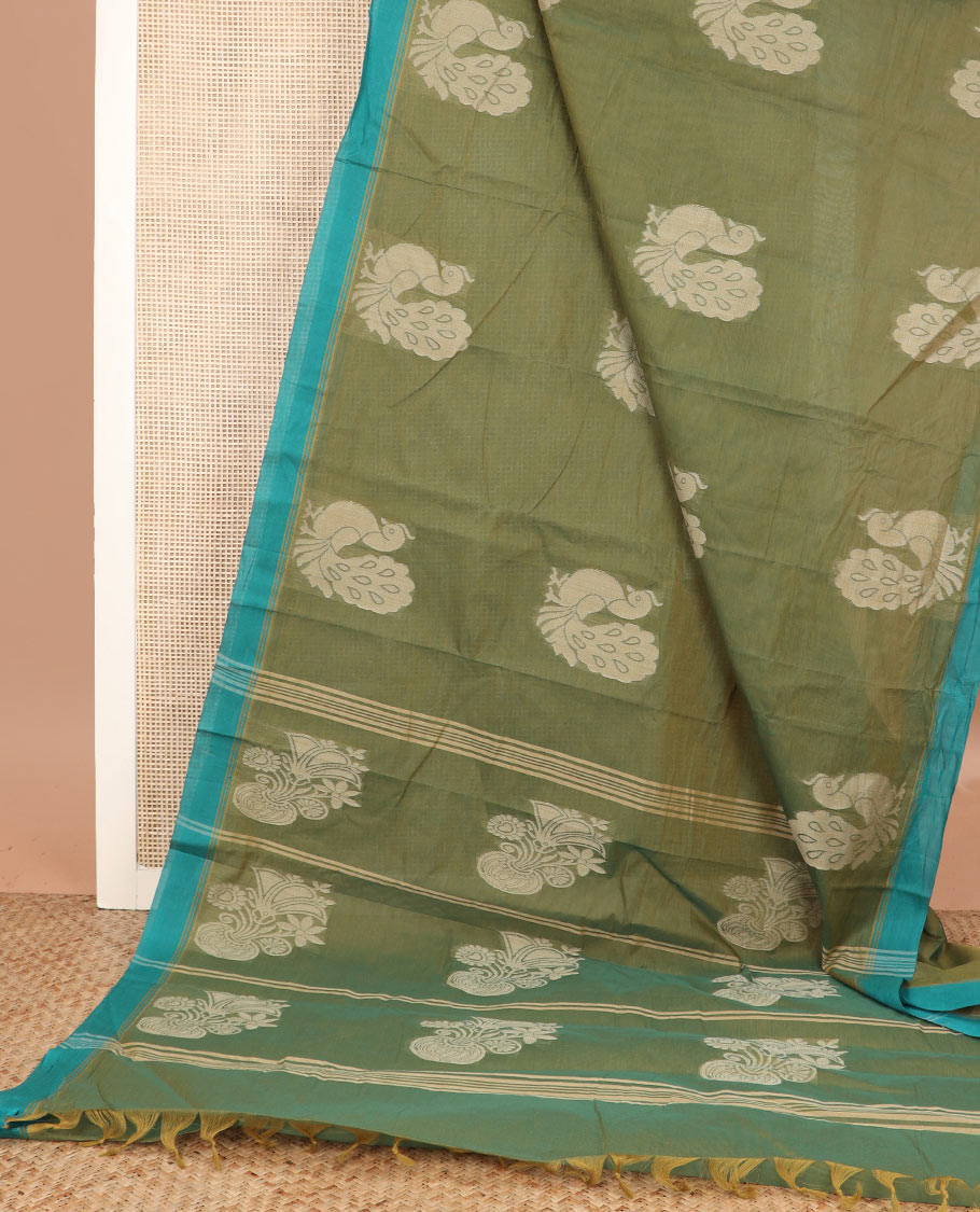 Green peacock buttas kanchi cotton saree, contrast plain border, and floral potted pallu