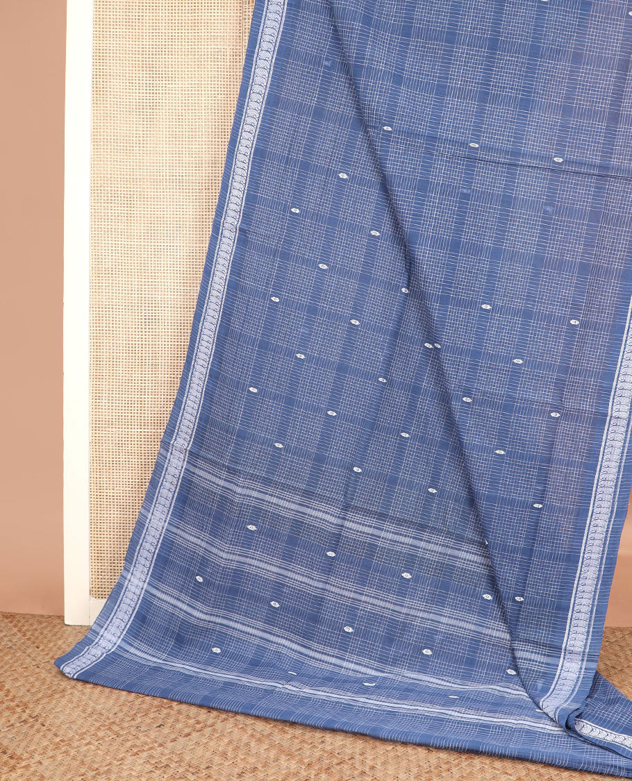 Blue buttas and checked Andhra cotton saree, paisley motifs border