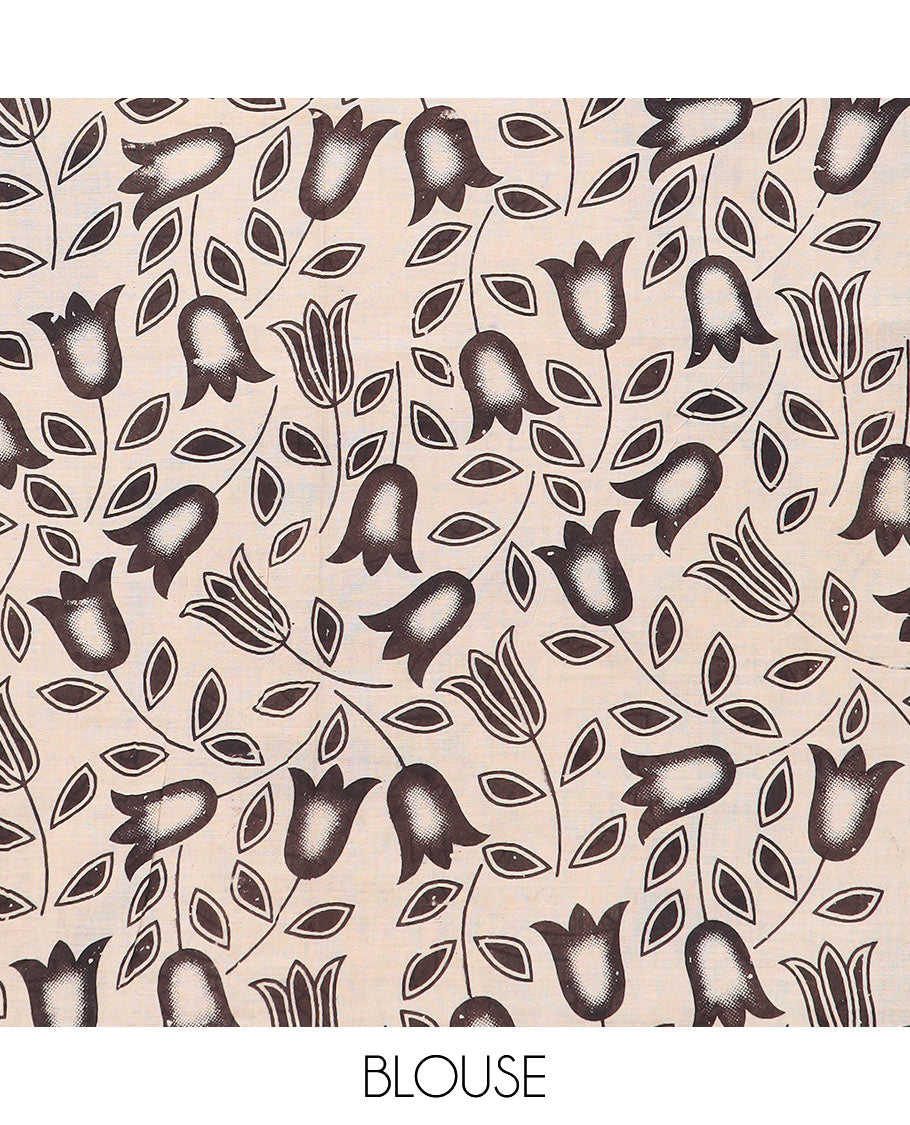 Blue floral vine machine-printed kalamkari cotton saree, floral creeper printed border, and pallu of animal motifs print