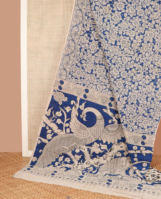 Blue floral vine machine-printed kalamkari cotton saree, floral creeper printed border, and pallu of animal motifs print