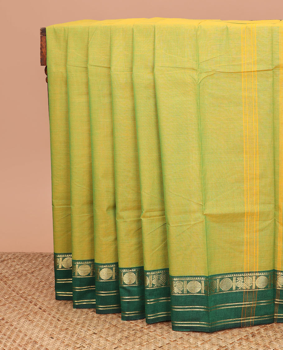 Green plain Chettinad cotton saree, contrast rettai pettu traditional zari border, and striped pallu