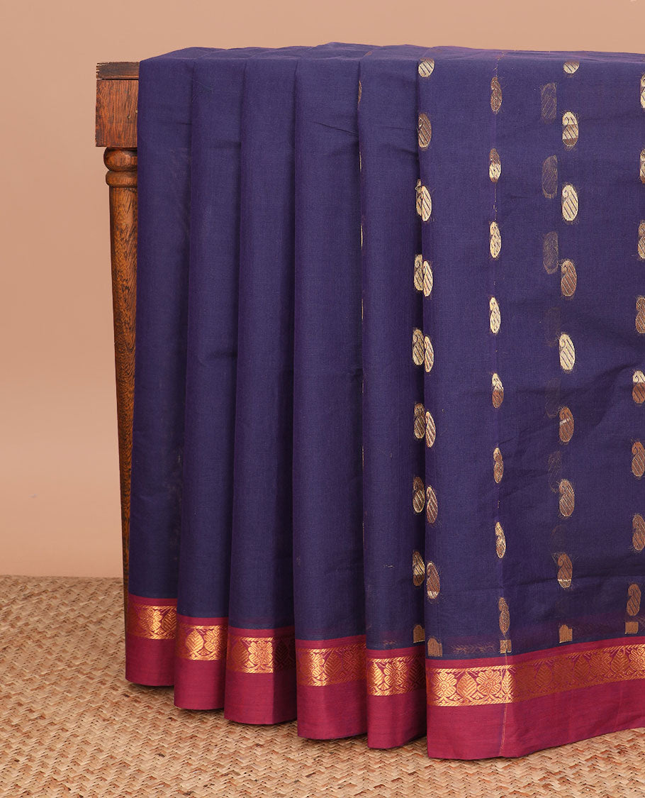 Navy blue paisley buttas Venkatagiri cotton saree, contrast zari design border, and pallu of peacocks