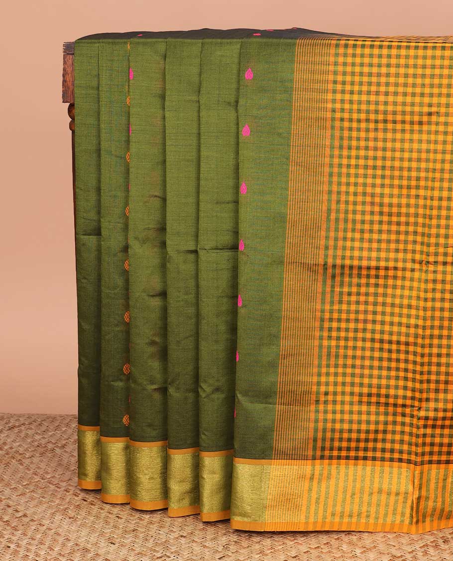 Green buttas poly cotton saree, contrast bavanji border, and micro-checked pallu