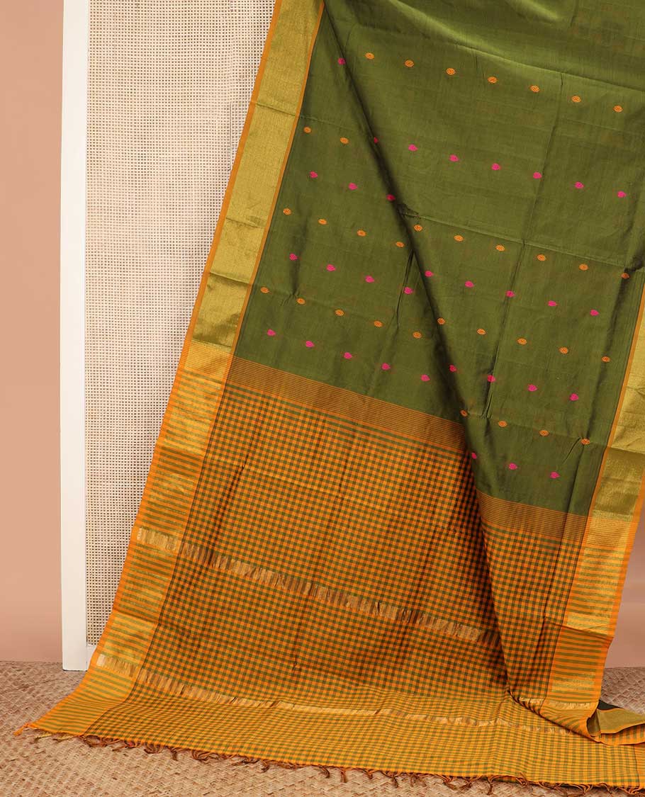 Green buttas poly cotton saree, contrast bavanji border, and micro-checked pallu