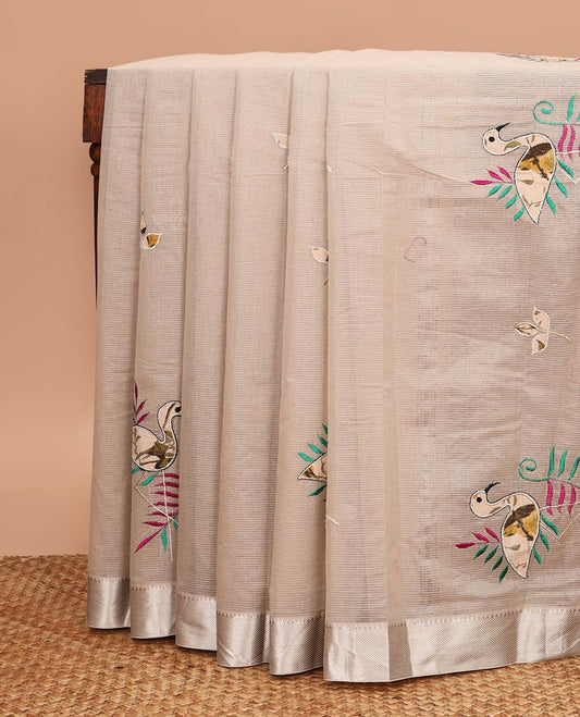 Beige sparsely striped with flamingo patch and thread embroidered chirala cotton saree, temple zari border and pallu of flamingo patch and thread embroidery