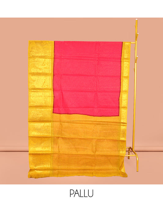 Red Sungudi Cotton Saree, Detailed with Zari Checks on Its Body, Complemented by a Contrast Traditional Zari Border of Big Peacocks, Zari-Striped Pallu, and Paired with a Contrast Blouse