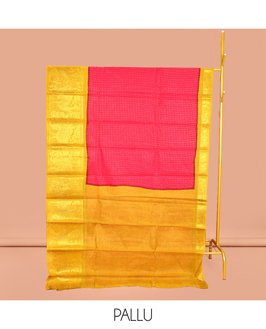 Red Sungudi Cotton Saree, Detailed with Zari Checks on Its Body, Complemented by a Contrast Traditional Zari Border of Big Peacocks, Zari-Striped Pallu, and Paired with a Contrast Blouse