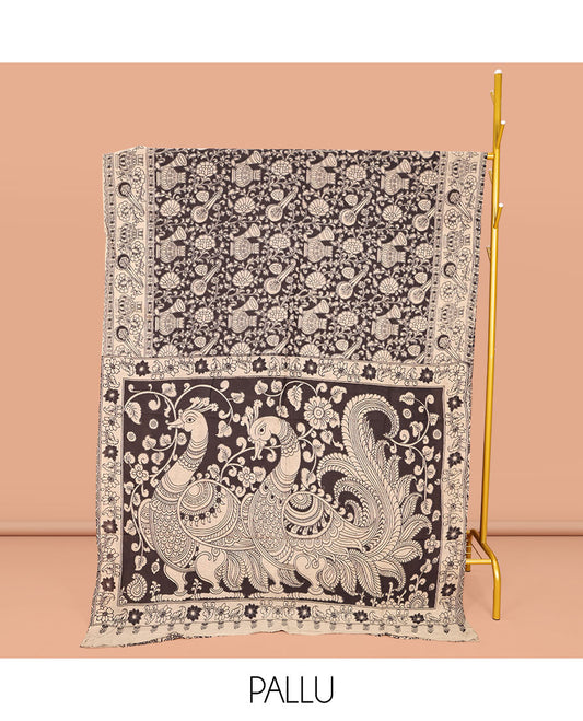 Black Machine-Printed Kalamkari Cotton Saree, Adorned with Floral and Floral Vase on Its Body, Subtly Printed Border, Pallu of Peacock Print, and Paired with a Printed Blouse