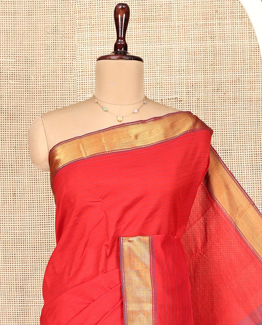 Red Striped Poly Cotton Saree, Complemented by Contrast Zari Border, Zari Design Pallu, and Paired with a Contrast Blouse