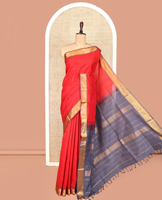 Red Striped Poly Cotton Saree, Complemented by Contrast Zari Border, Zari Design Pallu, and Paired with a Contrast Blouse