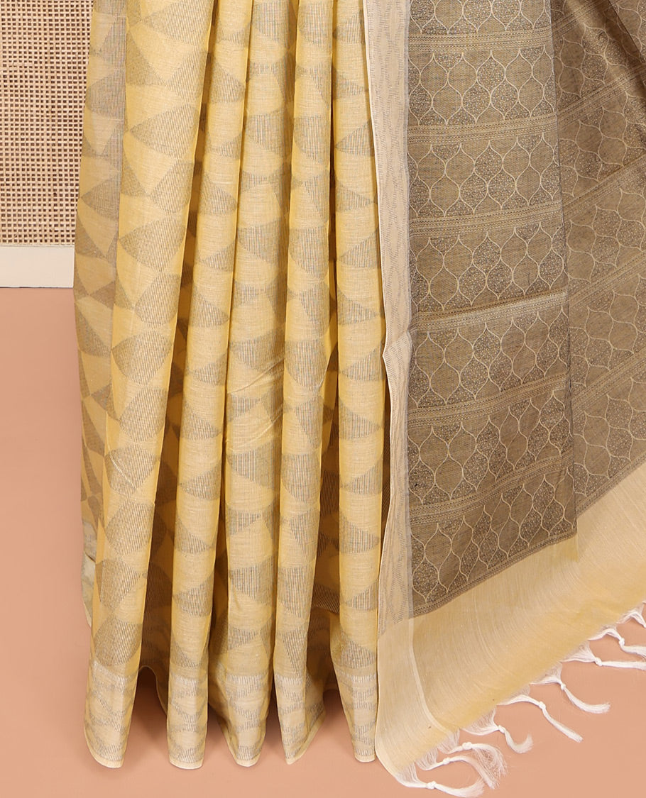Sandal Coimbatore Cotton Saree, Accentuated with Geometric Design on Its Body, a Subtle Diamond Border, Pallu of Ogee Patterns, and Paired with Matching Blouse