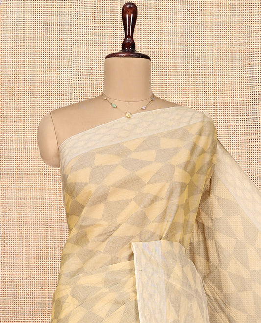Sandal Coimbatore Cotton Saree, Accentuated with Geometric Design on Its Body, a Subtle Diamond Border, Pallu of Ogee Patterns, and Paired with Matching Blouse