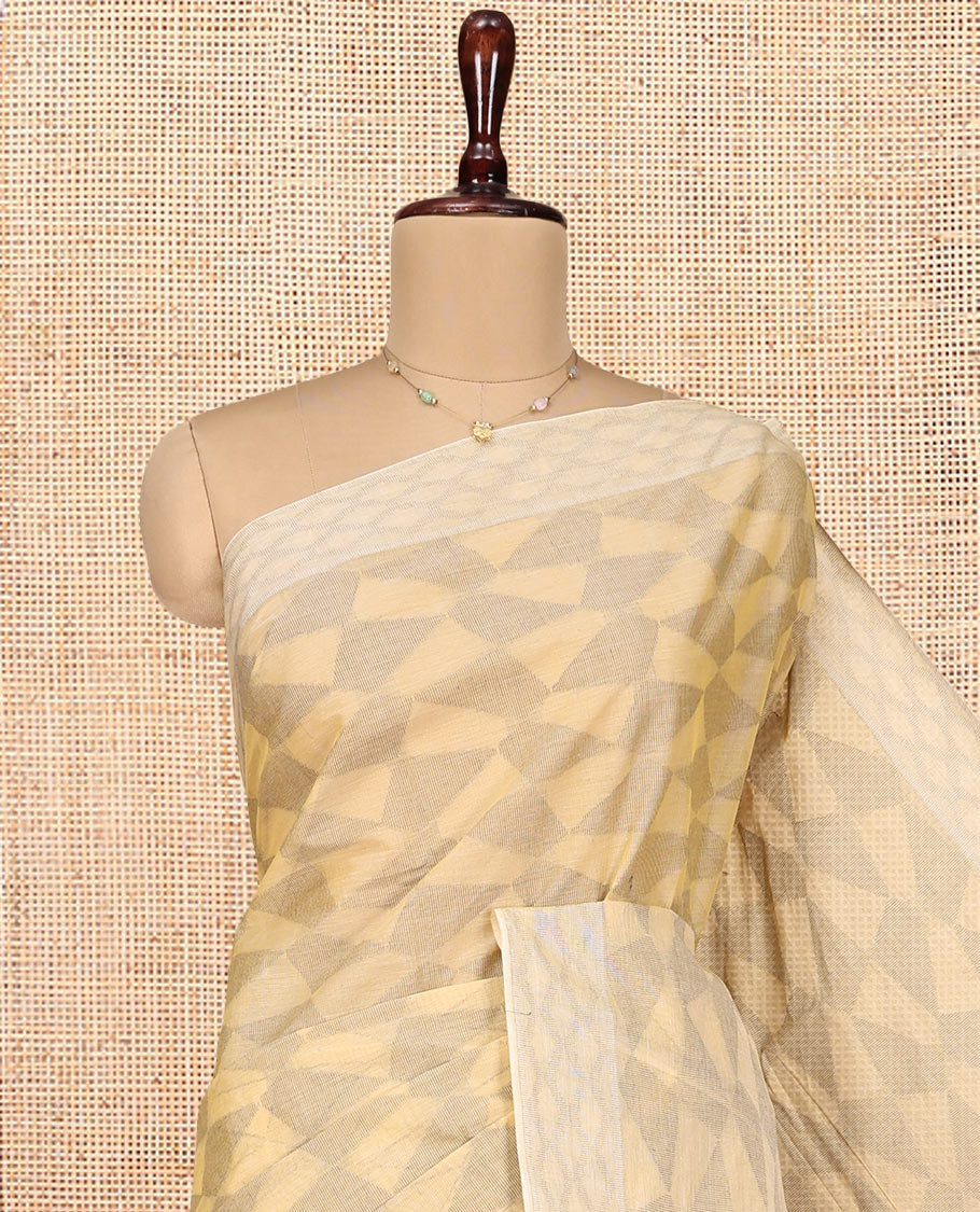 Sandal Coimbatore Cotton Saree, Accentuated with Geometric Design on Its Body, a Subtle Diamond Border, Pallu of Ogee Patterns, and Paired with Matching Blouse