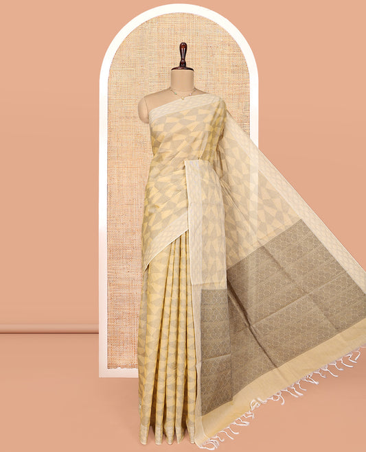 Sandal Coimbatore Cotton Saree, Accentuated with Geometric Design on Its Body, a Subtle Diamond Border, Pallu of Ogee Patterns, and Paired with Matching Blouse