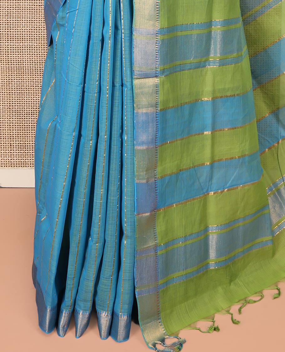 Blue Mangalgiri Cotton Saree, Prettified with Stripes on Its Body, Complemented by Contrast Zari Temple Border, Zari-Striped Pallu, and Paired with a Contrast Blouse