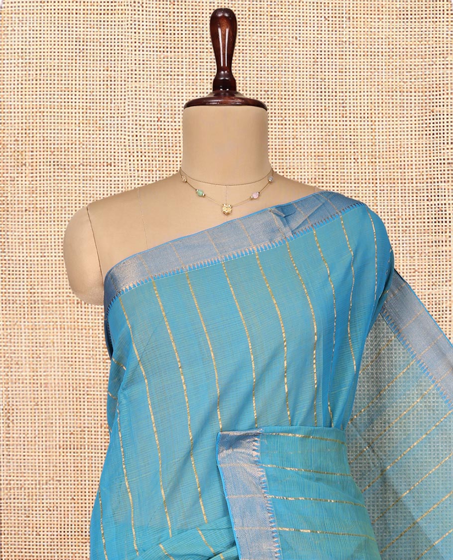 Blue Mangalgiri Cotton Saree, Prettified with Stripes on Its Body, Complemented by Contrast Zari Temple Border, Zari-Striped Pallu, and Paired with a Contrast Blouse
