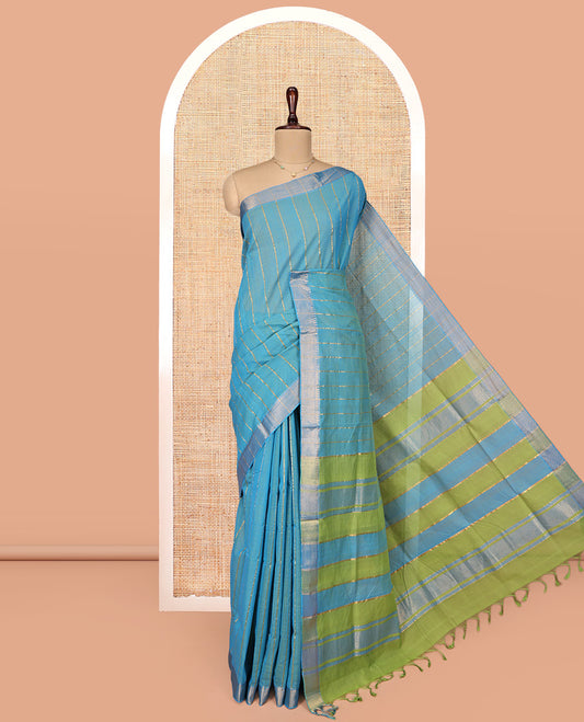 Blue Mangalgiri Cotton Saree, Prettified with Stripes on Its Body, Complemented by Contrast Zari Temple Border, Zari-Striped Pallu, and Paired with a Contrast Blouse