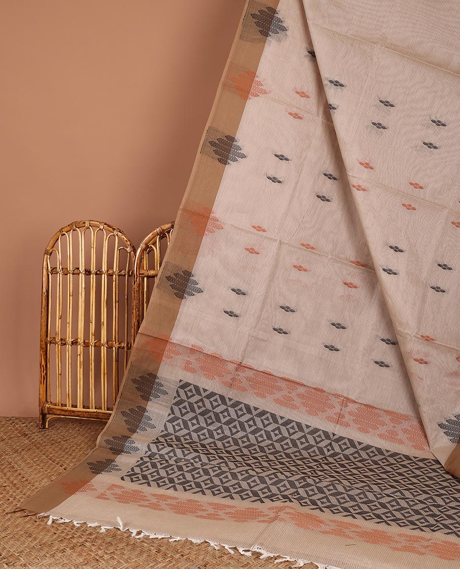 Grey buttas Coimbatore cotton saree, contrast unique design border & intricate pallu