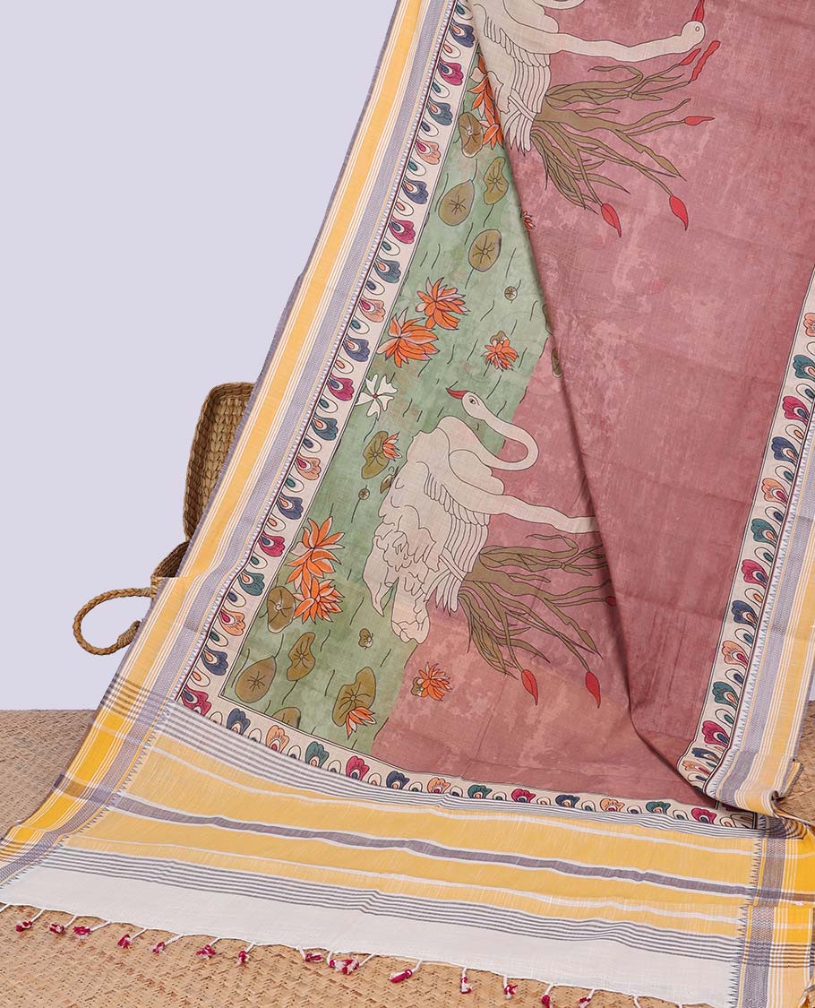 Multi-color lake design chirala cotton saree with contrast temple deign border & striped pallu