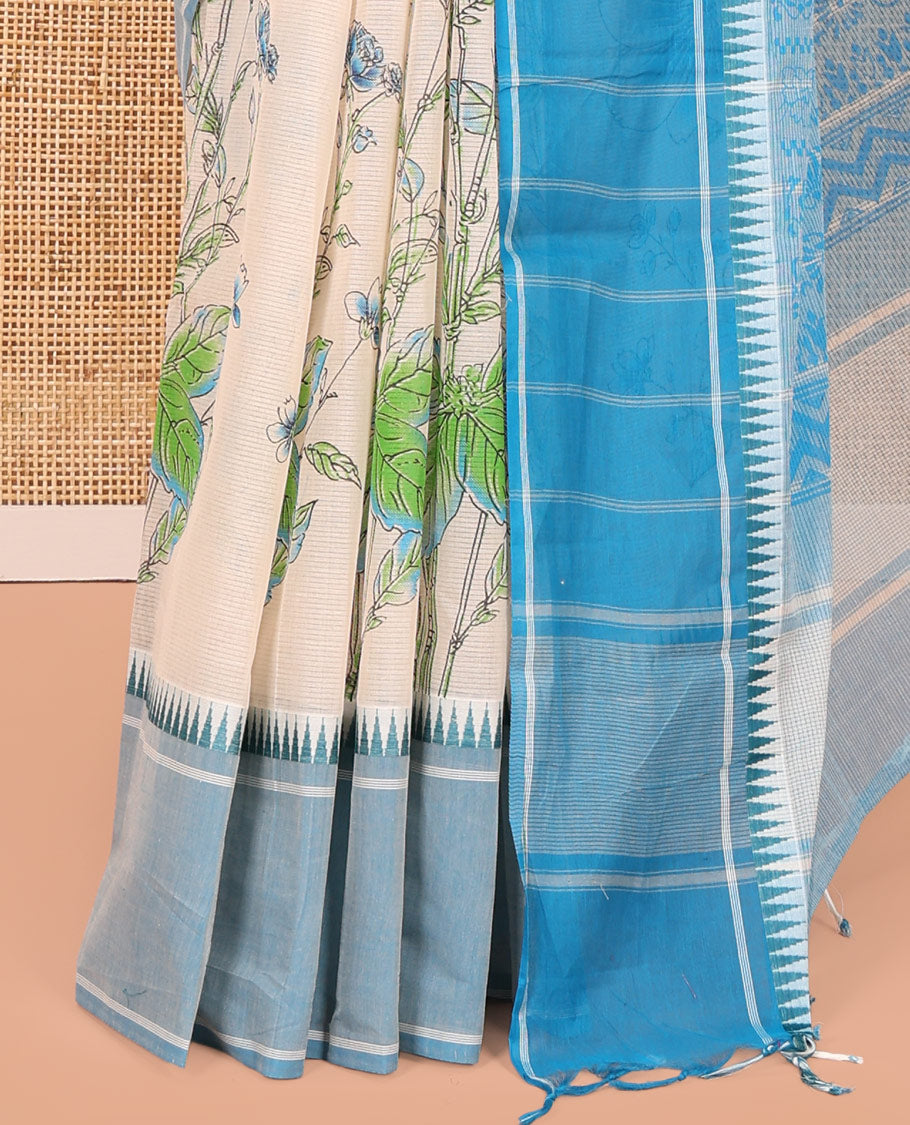 Cream-Blue Andhra Cotton Saree, Artfully Printed with a Floral Print, a Contrast Temple Border, Pallu of Floral Print, and Contrast Blouse