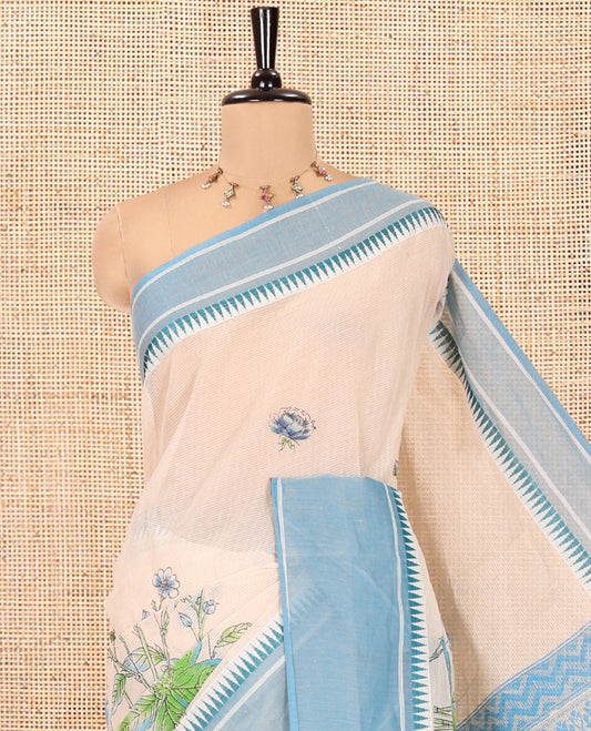 Cream-Blue Andhra Cotton Saree, Artfully Printed with a Floral Print, a Contrast Temple Border, Pallu of Floral Print, and Contrast Blouse