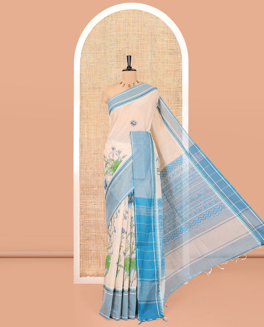 Cream-Blue Andhra Cotton Saree, Artfully Printed with a Floral Print, a Contrast Temple Border, Pallu of Floral Print, and Contrast Blouse