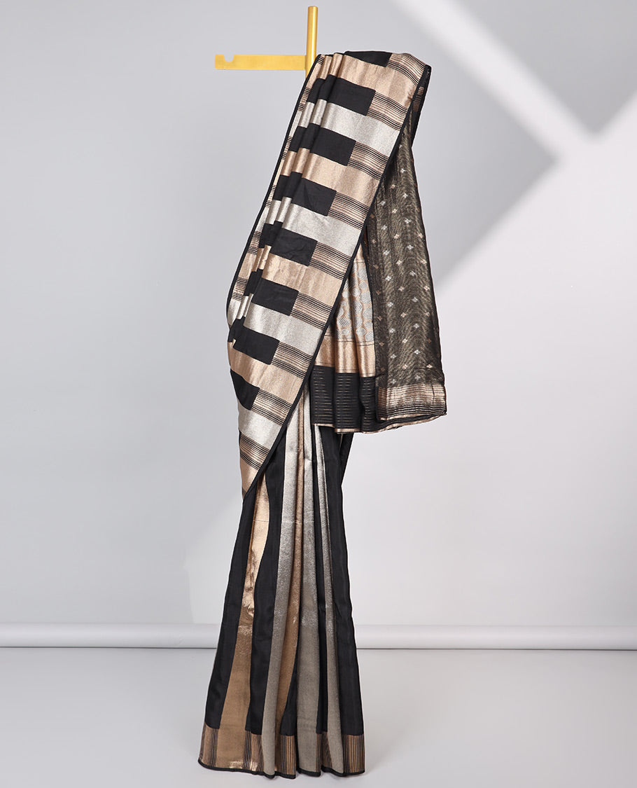 Black striped semi-banaras dola silk saree with self zari border & intricate zari design pallu