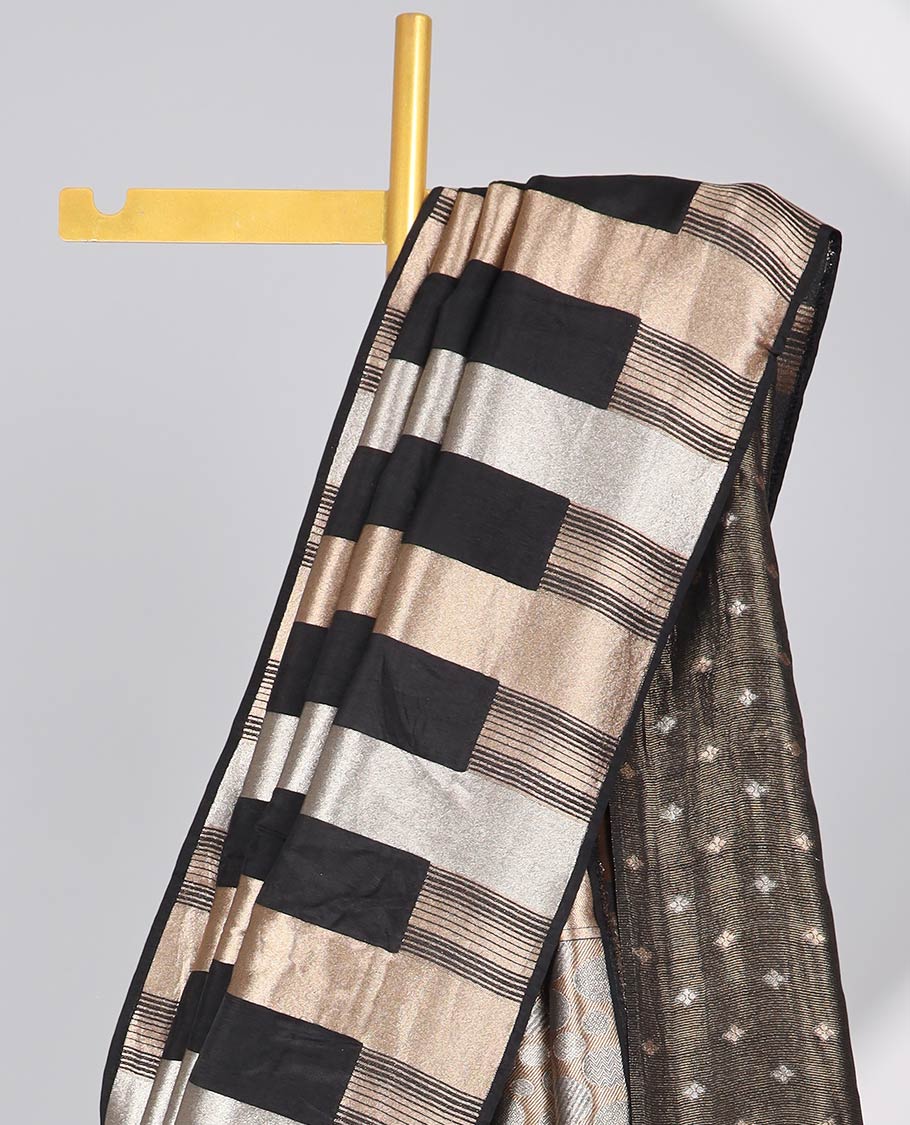 Black striped semi-banaras dola silk saree with self zari border & intricate zari design pallu