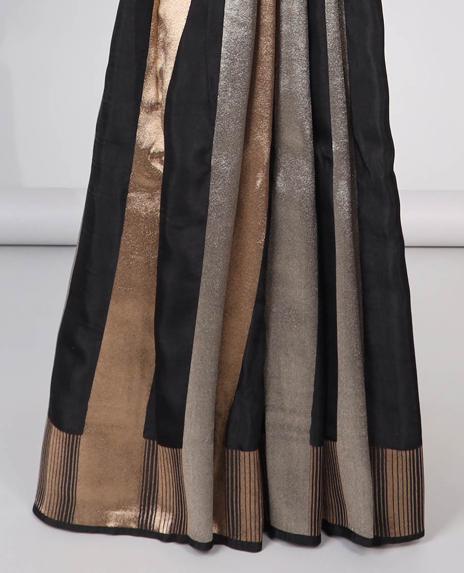 Black striped semi-banaras dola silk saree with self zari border & intricate zari design pallu