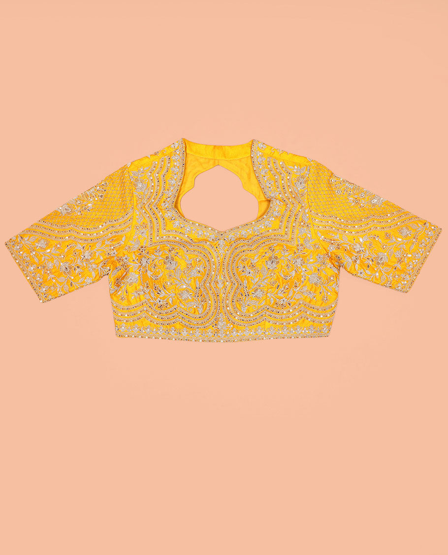 Borderless Yellow Floral Buttas Semi Banaras Dola, and Striped Saree, Lace Border, Zari Design Dallu, and a Matching Embroidered Elbow Sleeve Readymade Blouse
