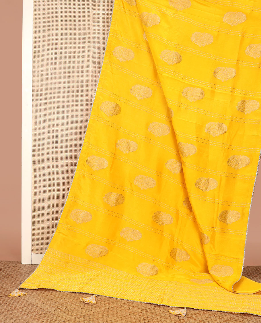 Borderless Yellow Floral Buttas Semi Banaras Dola, and Striped Saree, Lace Border, Zari Design Dallu, and a Matching Embroidered Elbow Sleeve Readymade Blouse
