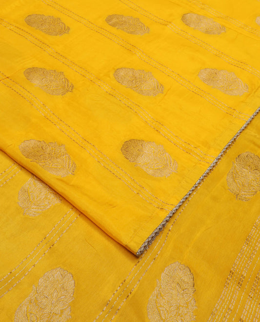 Borderless Yellow Floral Buttas Semi Banaras Dola, and Striped Saree, Lace Border, Zari Design Dallu, and a Matching Embroidered Elbow Sleeve Readymade Blouse