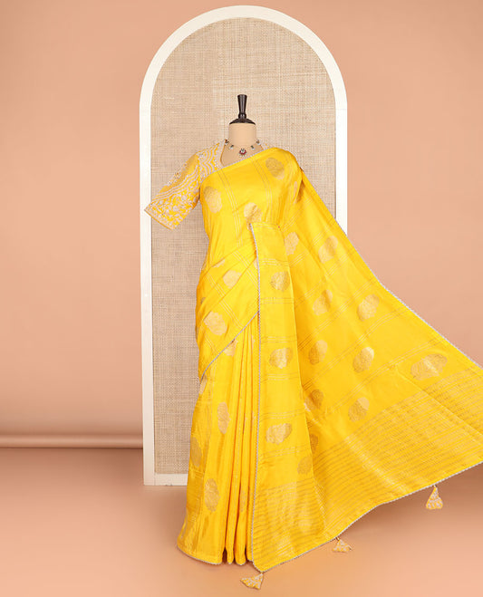 Borderless Yellow Floral Buttas Semi Banaras Dola, and Striped Saree, Lace Border, Zari Design Dallu, and a Matching Embroidered Elbow Sleeve Readymade Blouse