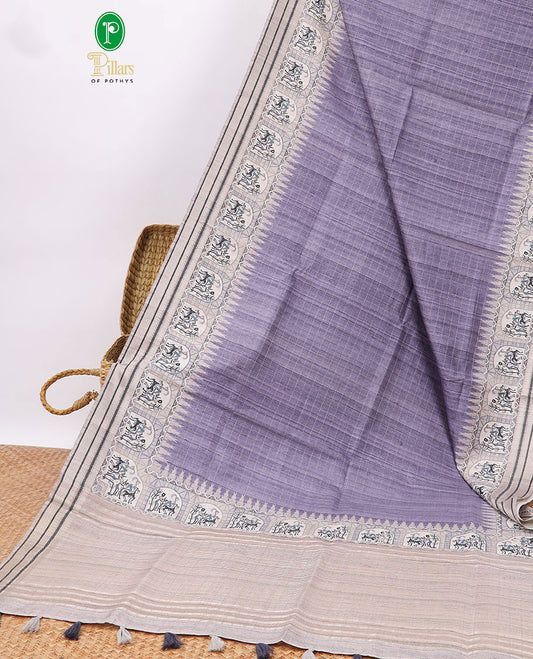Purple checked semi-banaras tussar saree with contrast jacquard border & striped pallu