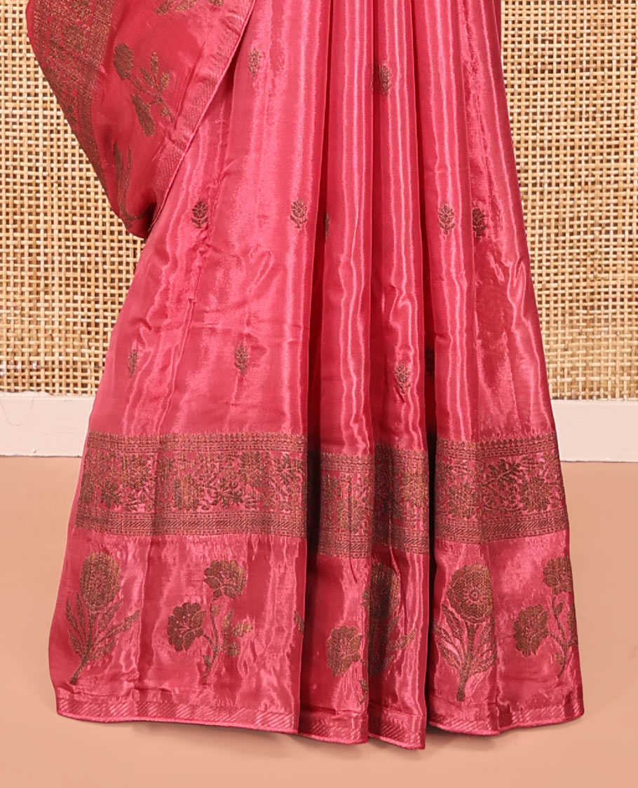 Onion Pink HO-Silk Saree, Elevated with Zari Buttas All Over Its Body, Highlighted by a Self-Border of Floral Designs, Pallu Features Floral Designs, and Paired with a Buttas-woven Blouse