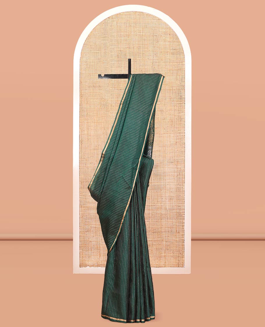 Dark Green Muthu-Striped Mayuri Silk-Mix Saree, a Piping Border, Kili-Motif Pallu, and Matching Blouse