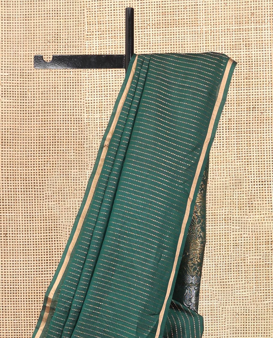 Dark Green Muthu-Striped Mayuri Silk-Mix Saree, a Piping Border, Kili-Motif Pallu, and Matching Blouse