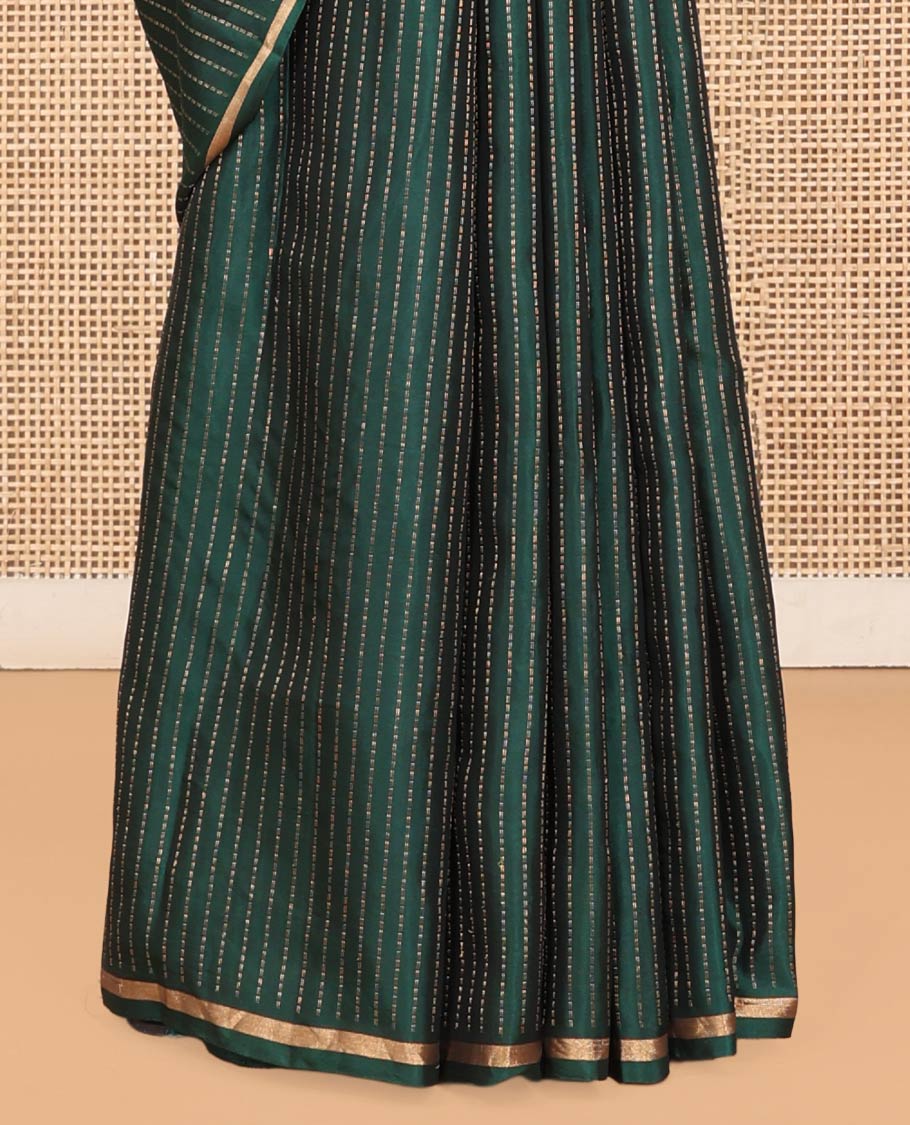 Dark Green Muthu-Striped Mayuri Silk-Mix Saree, a Piping Border, Kili-Motif Pallu, and Matching Blouse