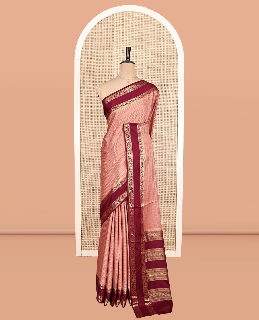 Onion Pink Fancy Mysore Silk Saree Features Checks, Contrast Traditional Double-Pet Border, Rich Pallu, Contrast Blouse