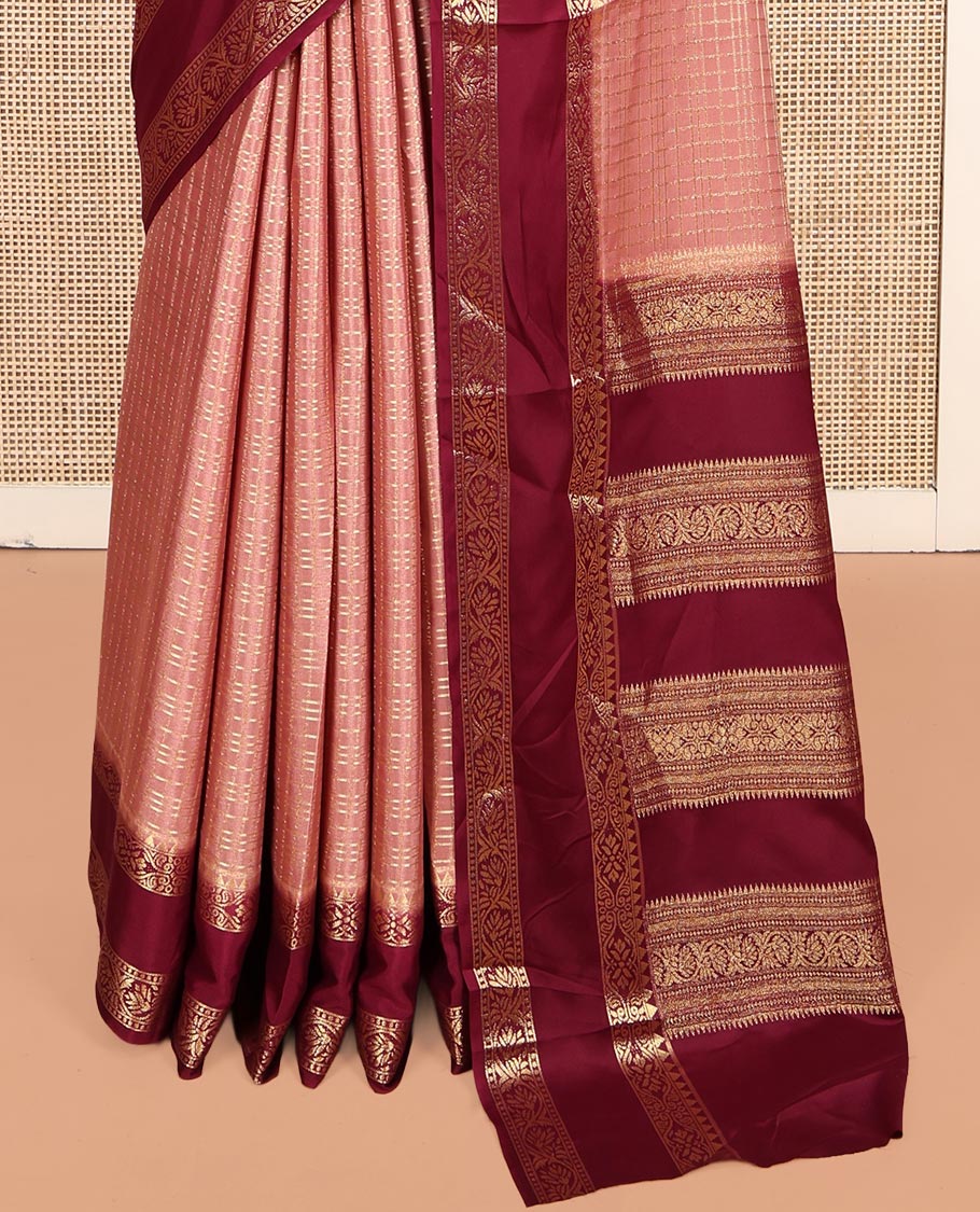 Onion Pink Fancy Mysore Silk Saree Features Checks, Contrast Traditional Double-Pet Border, Rich Pallu, Contrast Blouse