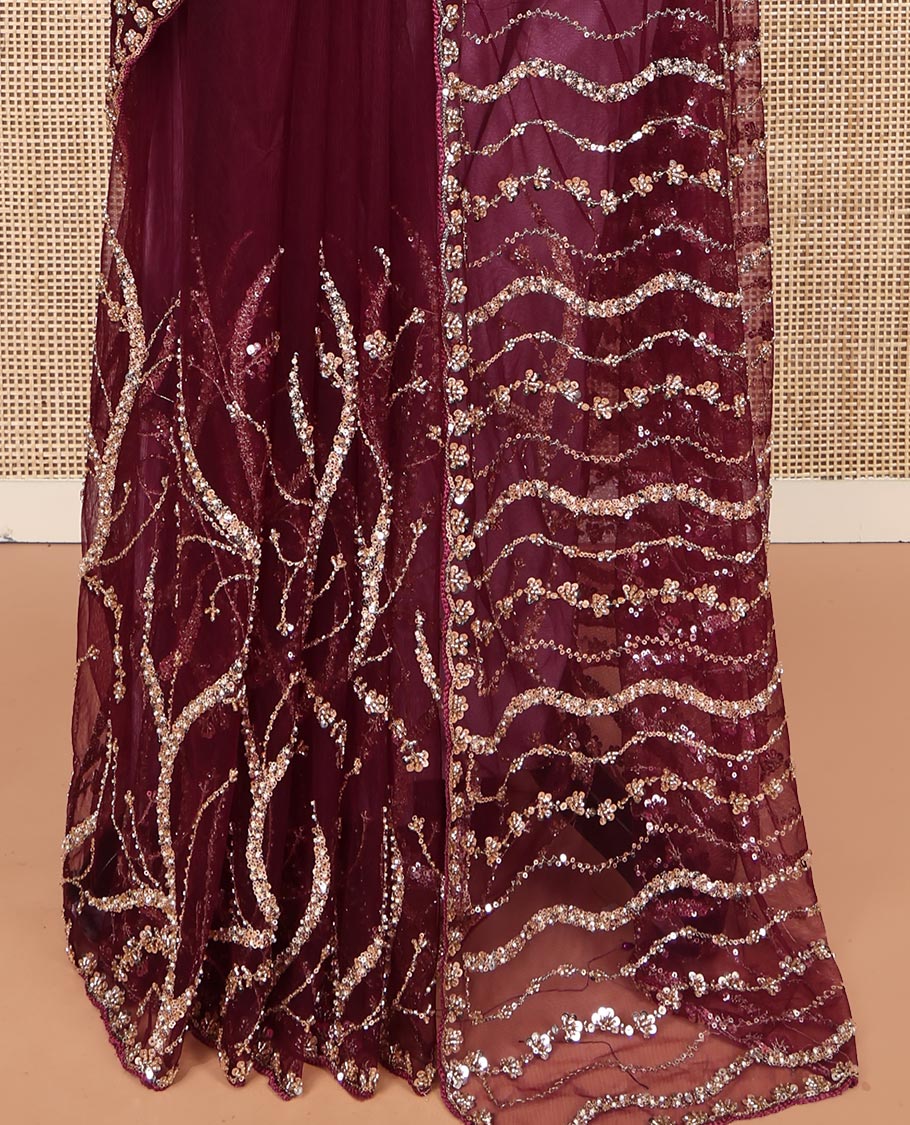 Wine Zig-Zag Sequin Striped Net Designer Saree with Matching Blouse