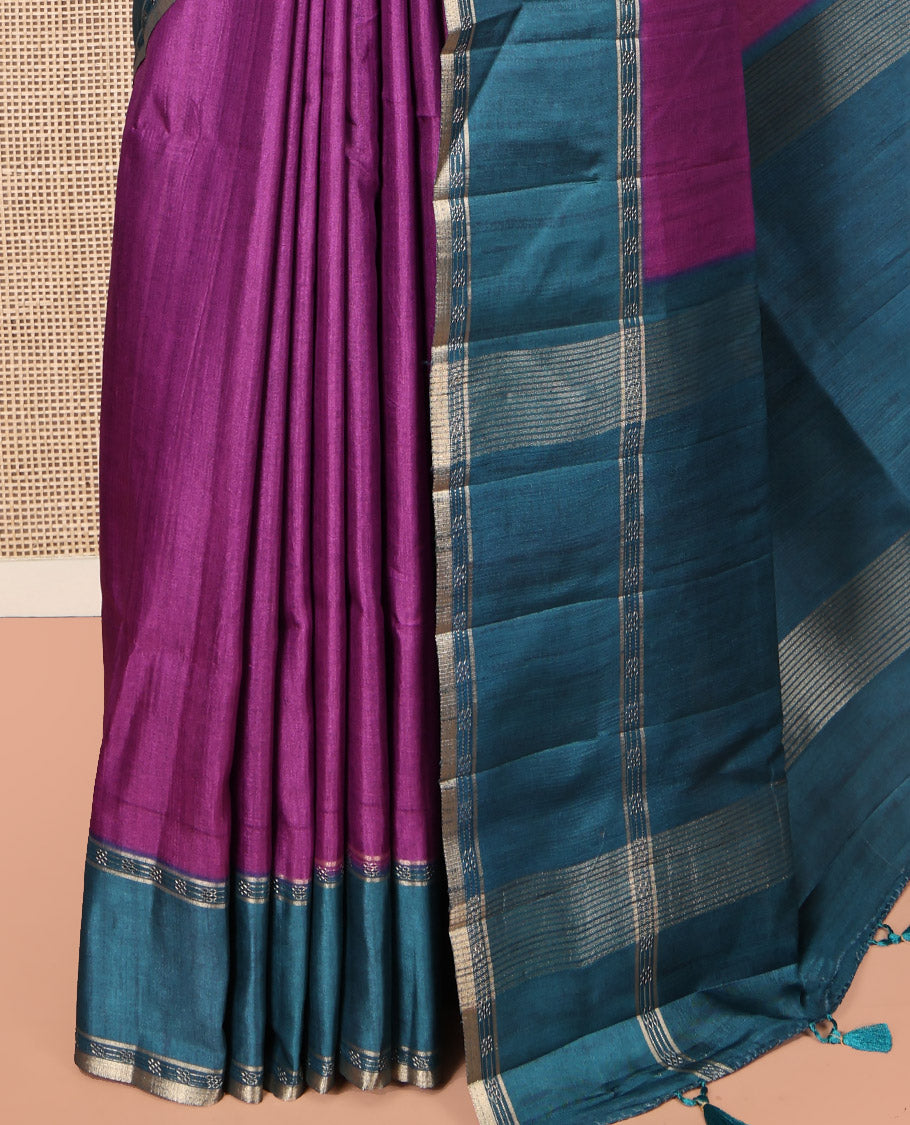 Purple Plain Semi-Tussar Silk Saree, Complemented by a Contrast Geometric Design Border, Subtly Zari Striped Pallu, and Paired with a Contrast Patola Printed Blouse