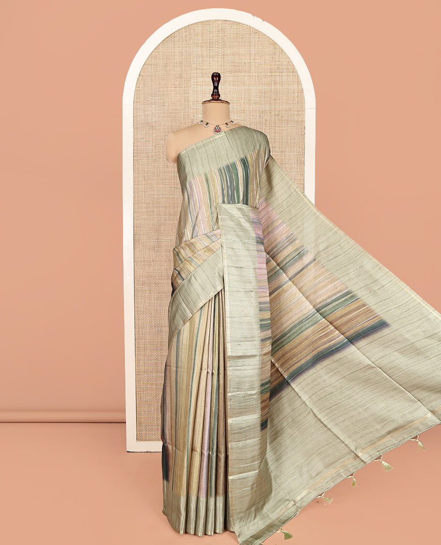 Pista Green Striped Semi-Tussar Silk Saree, Adorned with Vertical Zari Stripes on Its Body, Subtle Zari Border, a Subtle Pallu, and Paired with a Contrast Striped Blouse