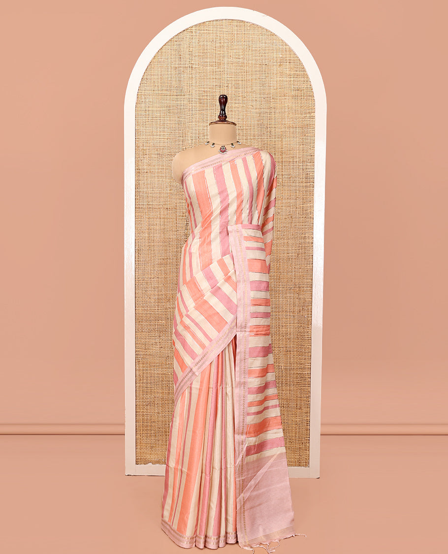 Chikku-Peach Fancy Tussar Silk With Stripes, Zari Border, Pallu, and Blouse