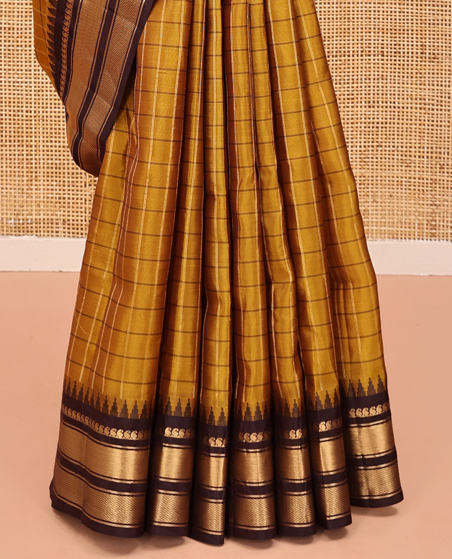 Mehendi Green and Brown Vasundhara Lite Silk Mix Saree, Graced with Checked Design All Over Its Body, Complemented by a Contrast Thazampoo Rekku Border of Manga Mokku, Muthu, and Mayil Kann Designs, Grand Pallu, and Paired with a Contrast Blouse