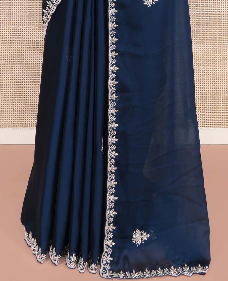Blue Designer Saree, Mesmerized with Stone Embroidered Buttas on Its Body, Highlighted by Scallop Stone Work Border, Self-Pallu, and Paired with a Matching Embroidered Blouse