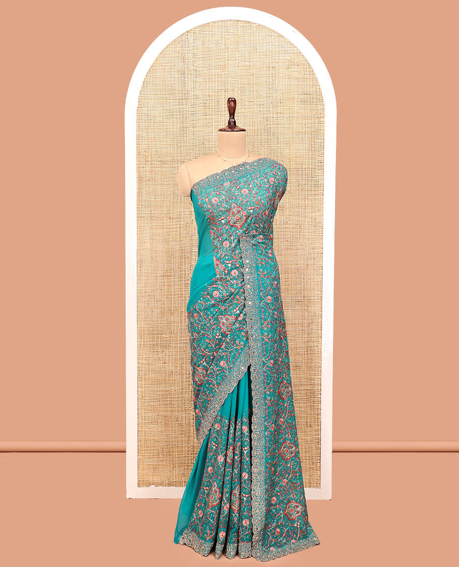 Blue Designer Saree, Prettified with Floral-Paisley Embroidery, a Scallop Stone Work Border, and a Matching Blouse