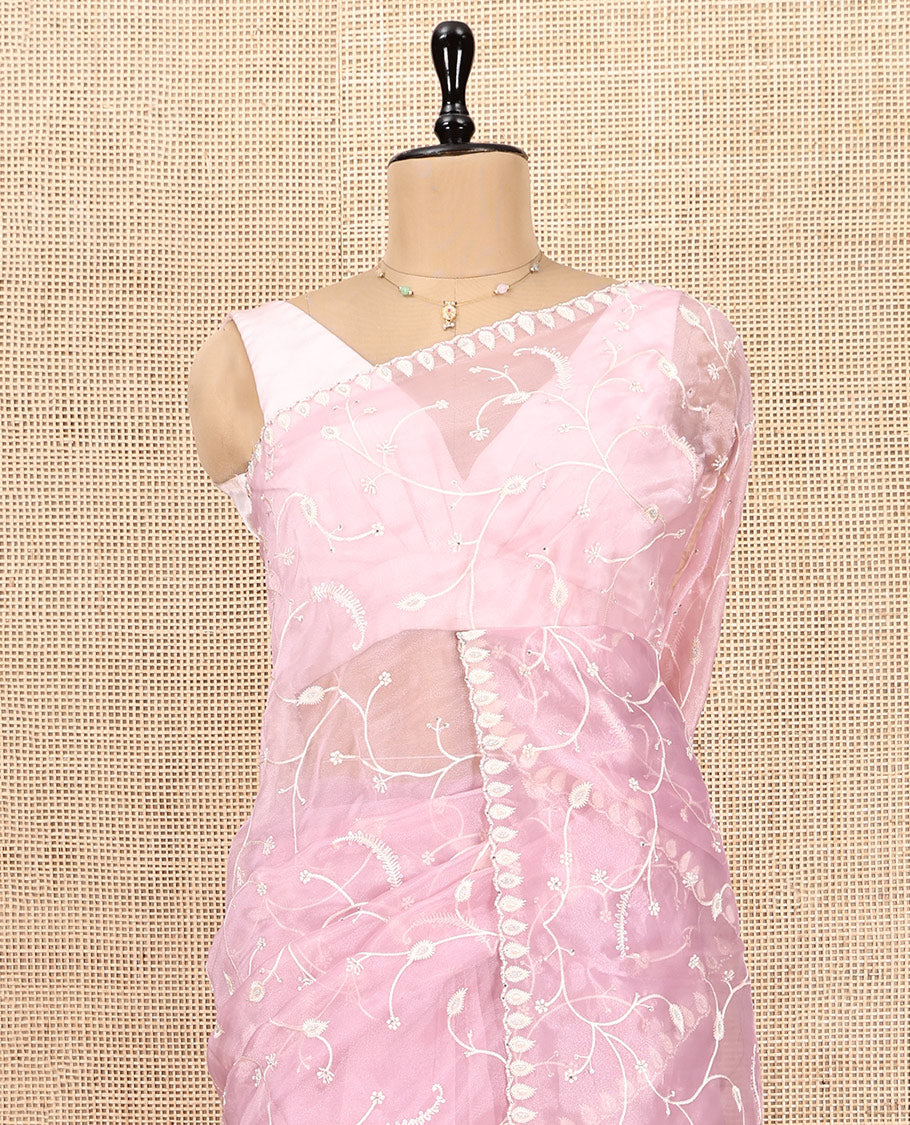 Pink Designer Saree, Mesmerized with Floral Vine Embroidery, Scallop Border, and Matching Embroidered Blouse
