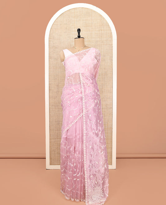 Pink Designer Saree, Mesmerized with Floral Vine Embroidery, Scallop Border, and Matching Embroidered Blouse