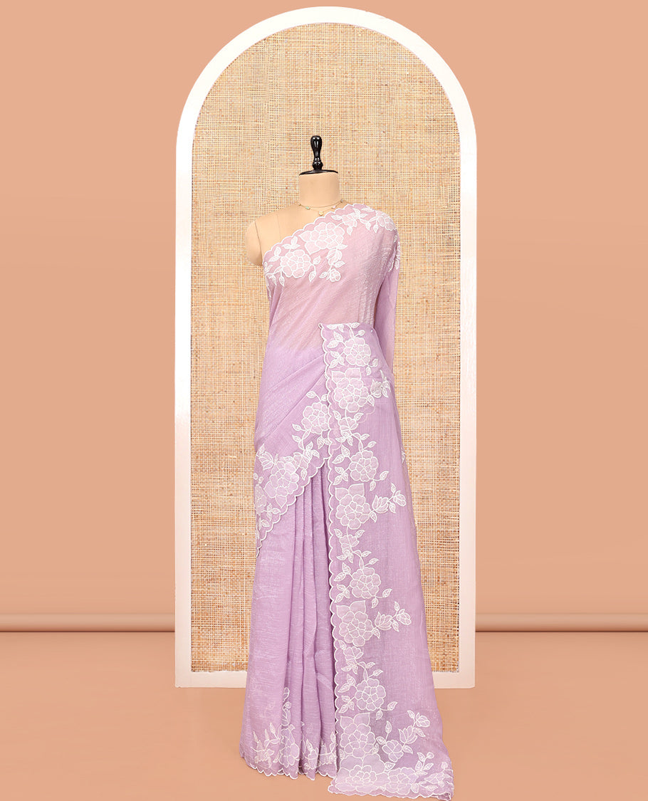 Pink Plain Organza Saree, Enthralled with Scallop Floral Embroidery Border, and Matching Blouse